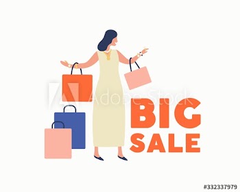 Trendy cartoon woman carry shopping bags enjoy big sale isolated on white