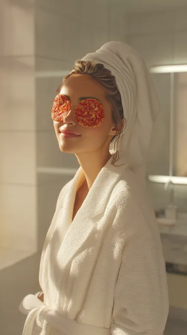 Trendy Gen Z Wellness Influencer with Pepperoni Eye Masks in Modern Bathroom