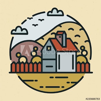 Trendy logotype with farmhouse or ranch house and hills covered with cultivated fields