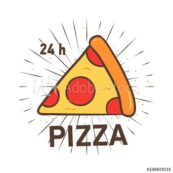 Trendy logotype with pizza slice and radial rays on white background