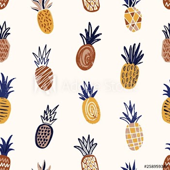 Trendy seamless pattern with textured pineapples on light background