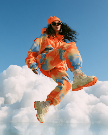 Trendy Woman Floating Above Clouds