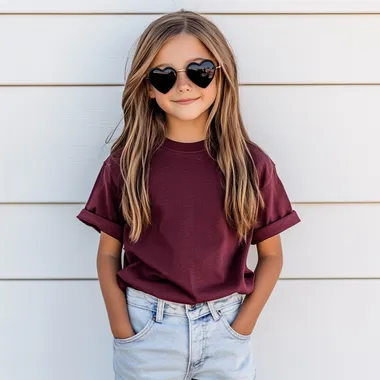 Trendy Young Girl in Oversized Maroon T-Shirt Trendy Young Girl in Oversized Maroon T-Shirt