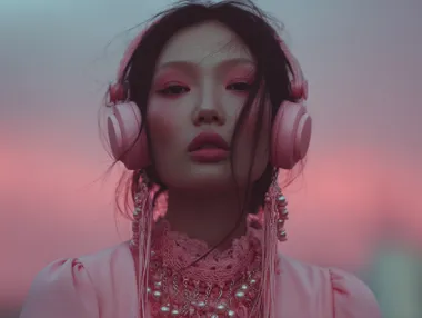 Trendy Young Korean Woman with Headphones in Stylish Portrait Trendy Young Korean Woman with Headphones in Stylish Portrait