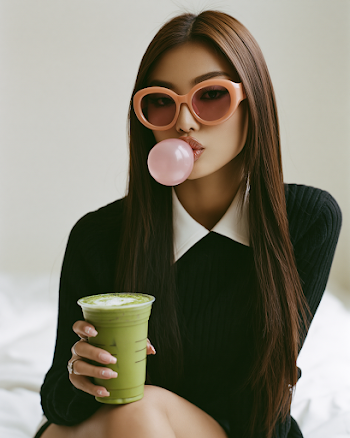 Trendy Young Woman with Iced Matcha Latte and Bubblegum