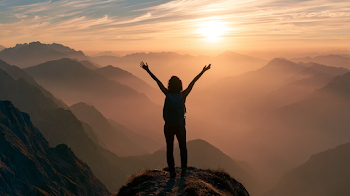 Triumphant Hiker at Sunrise on Mountain Ridge