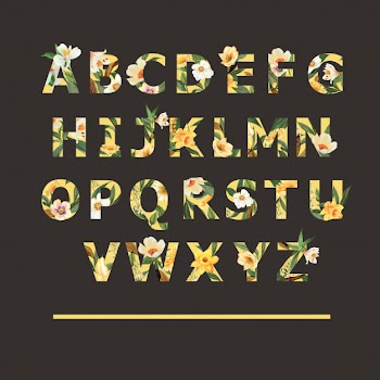 Tropical alphabet serif font yellow typographic summer with plants foliage Free Vector
