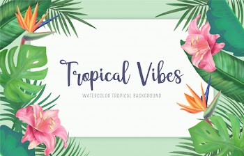 Tropical background with watercolor leaves and flowers Free Vector