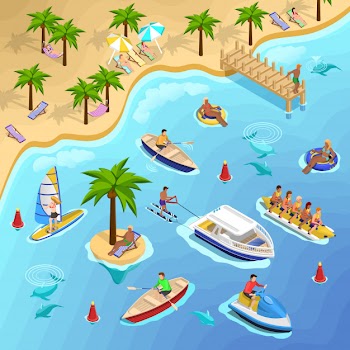 Tropical beach boating background Free Vector