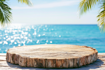 Tropical Beach Scene with Wooden Stump Tabletop