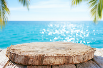 Tropical Beach Scene with Wooden Stump Tabletop