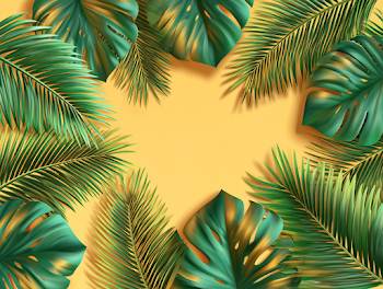 Tropical Botanical Flat Lay with Green Leaves on Yellow Background