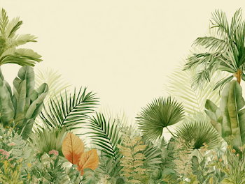 Tropical Botanical Illustration with Lush Foliage Border