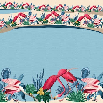 Tropical flamingo border frame on blue background with design space
