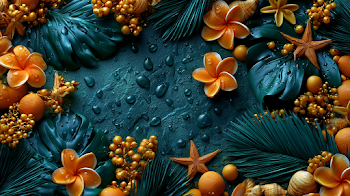 Tropical Flat Lay Still Life with Monstera and Plumeria Flowers