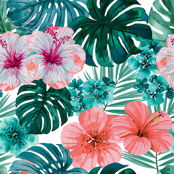 Tropical Floral Pattern with Monstera Leaves and Exotic Flowers