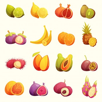 Tropical fruits retro cartoon icons set Free Vector