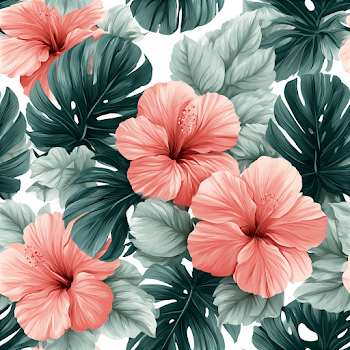 Tropical Hibiscus and Monstera Leaf Pattern