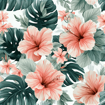Tropical Hibiscus and Monstera Leaf Pattern
