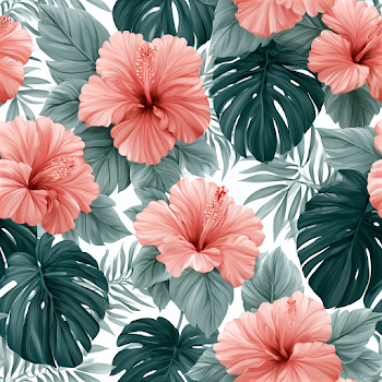 Tropical Hibiscus and Monstera Leaf Pattern