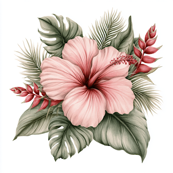 Tropical Hibiscus Floral Arrangement in Watercolor