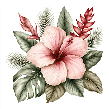 Tropical Hibiscus Floral Arrangement with Monstera and Heliconia