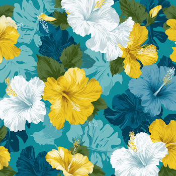 Tropical Hibiscus Flower Pattern on Electric Turquoise Background