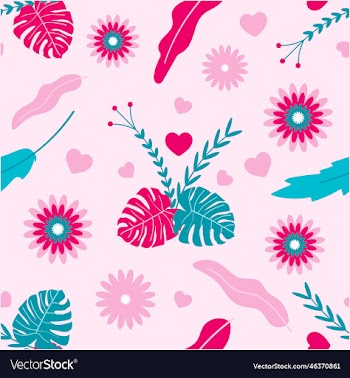 tropical leaves and flowers with hearts seamless