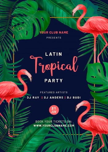 Tropical party poster with pink flamingos Free Vector