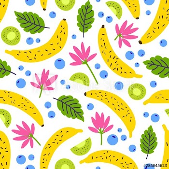 Tropical seamless pattern with fresh exotic fruits, berries, flowers and leaves on white background