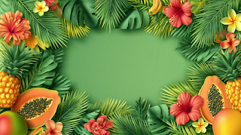 Tropical Summer Flat Lay with Fresh Fruits and Leaves
