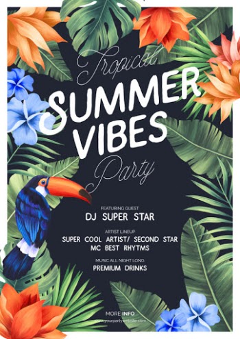Tropical summer vibes party poster with exotic nature Free Psd