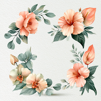 Tropical Watercolor Floral Wreath and Corner Frame Set