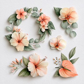 Tropical Watercolor Floral Wreath and Frame Set