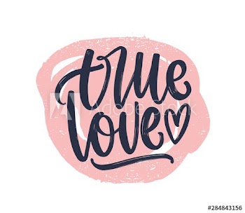 True Love romantic phrase handwritten with elegant cursive calligraphic font on round paint trace