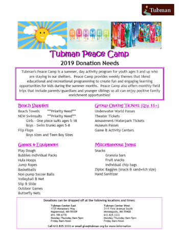 Tubman : Give Help : Ways to Give : Peace Camp 2019
