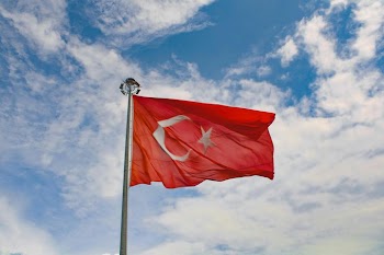Turkish Flag Waving Against a Blue Sky