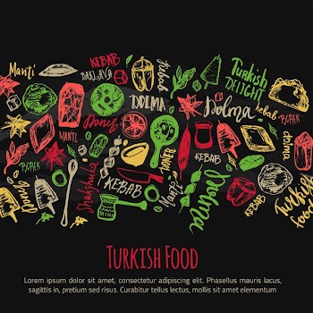 Turkish food hand drawn set with lettering and beverages with Kebab, Dolma, Shakshuka. Freehand vector doodles isolated on white background