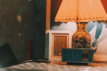 Turned-on Beige and White Table Lamp