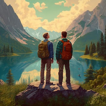 Two backpackers are looking at a lake, generated by A.I