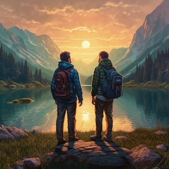 Two backpackers are looking at a lake, generated by A.I