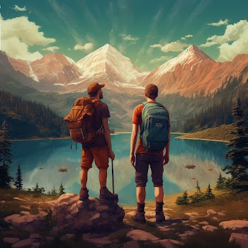 Two backpackers are looking at a lake, generated by A.I