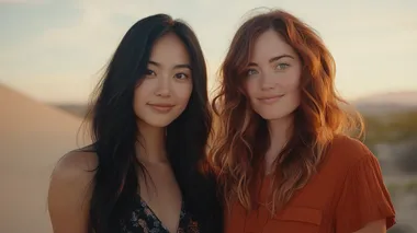 Two beautiful women in Western desert at sunset, Asian and auburn-haired. Two beautiful women in Western desert at sunset, Asian and auburn-haired.