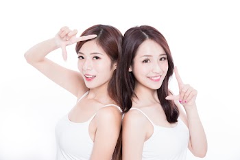 two beauty skincare woman make frame gesture on the white background