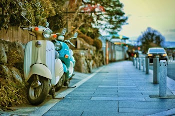 Two Beige and Teal Motor Scooters on Street
