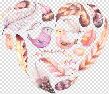 Two bird surrounded by feathers illustration, Bird Feather Wedding invitation Creative Market Watercolor painting, Bird love feather material transparent background PNG clipart