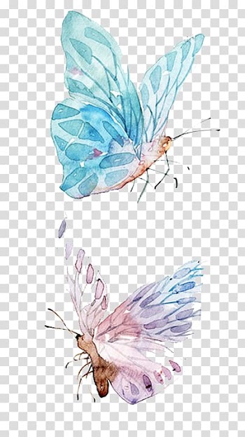 Two blue and pink butterflies illustration, Paper Watercolor painting Drawing, Watercolor Butterfly transparent background PNG clipart