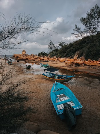 Two Blue Canoe Near Shoreline