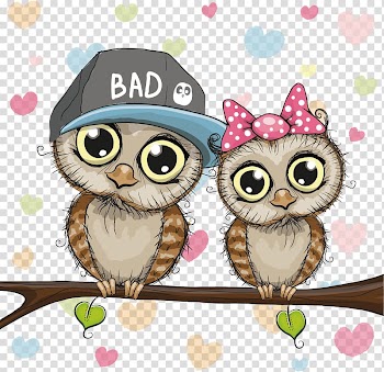 Two brown owls perched on tree branch, Owls in the Family Cartoon Illustration, Cartoon animals material Couple transparent background PNG clipart