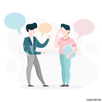 Two business person stand and talk
